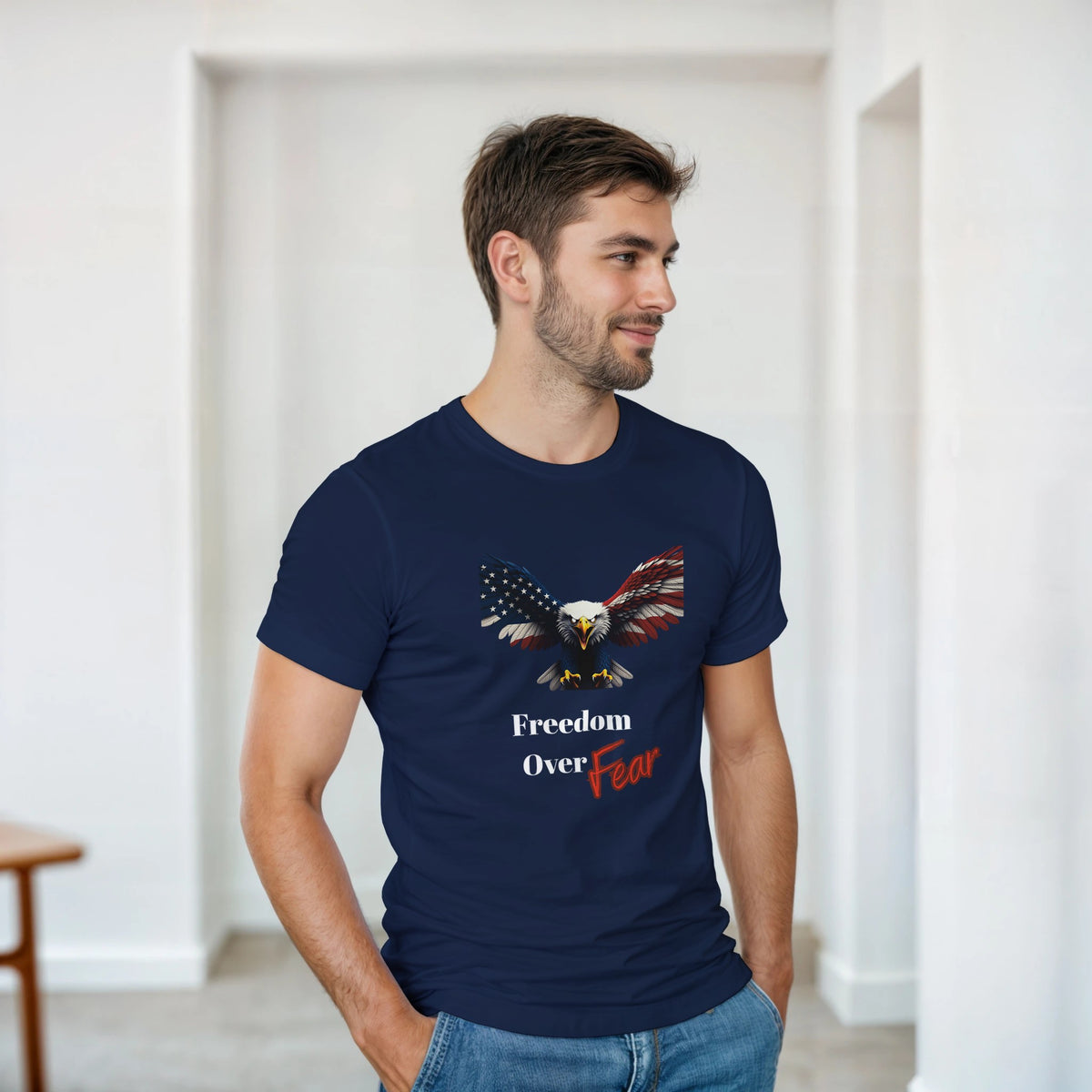 Freedom Over Fear Patriotic Eagle on a Heavyweight T-shirt