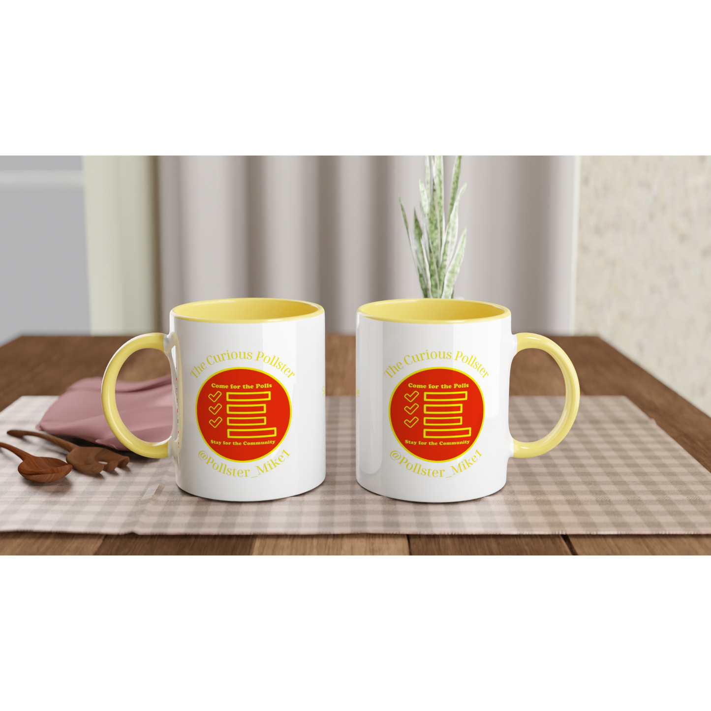 Curious Pollster logo on an 11oz ceramic mug