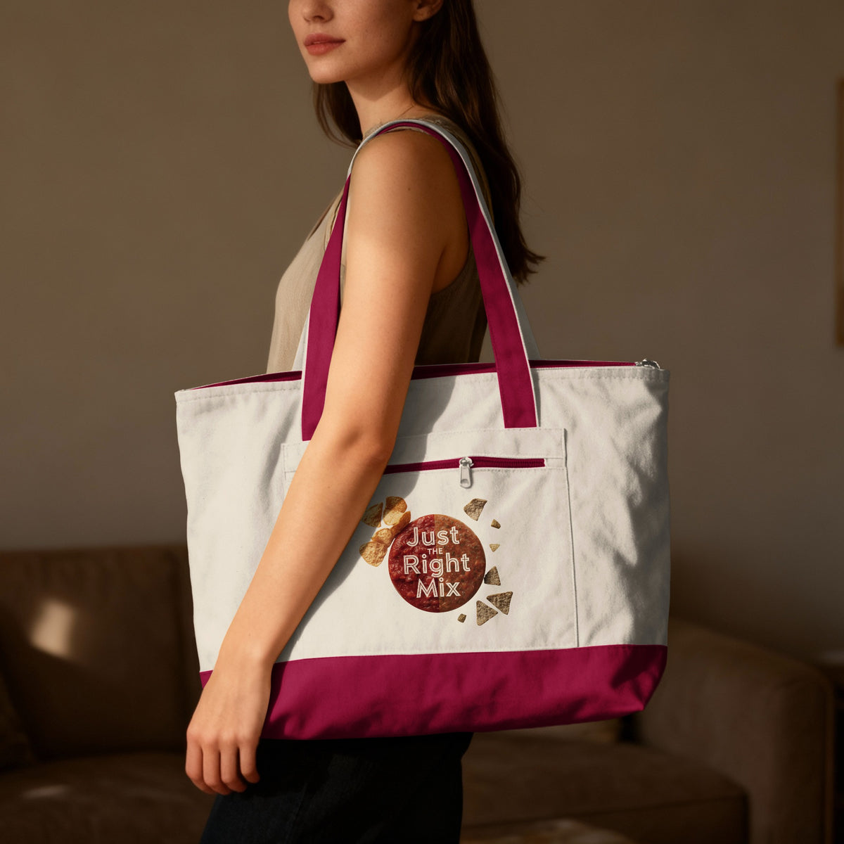 Just the Right Mix phrase on a Zippered Canvas Tote