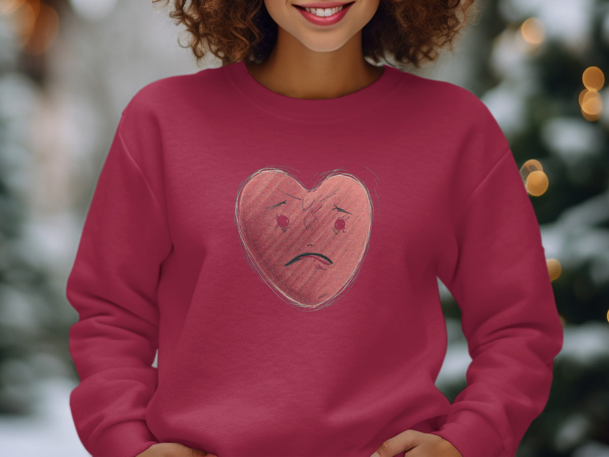 Sad Heart Face Design on Cozy Red Sweatshirt