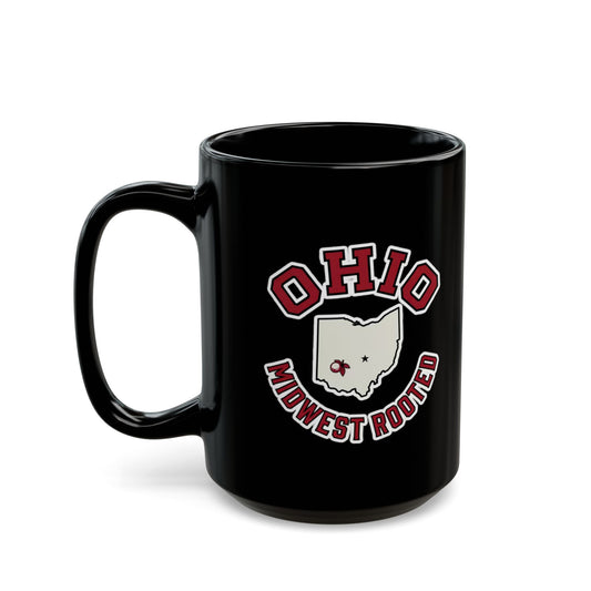 Black mug with "Ohio Midwest Rooted" logo featuring a map of Ohio.