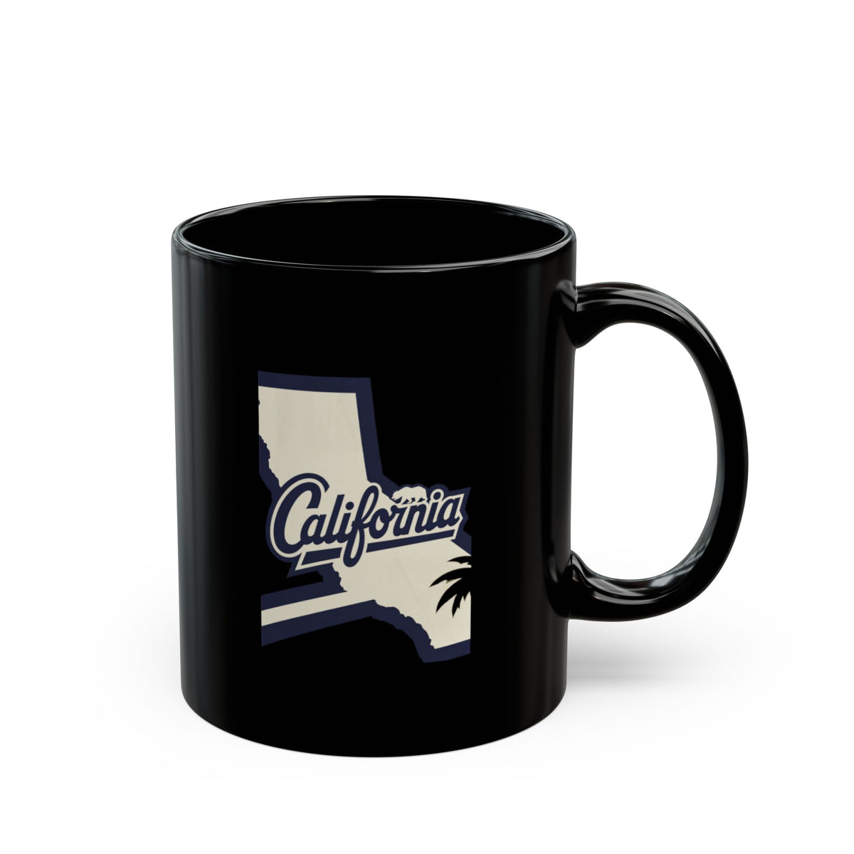 Black mug with "California" text and palm tree silhouette design.