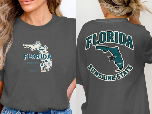 Dark grey t-shirt with Florida map graphic and "Sunshine State" text.
