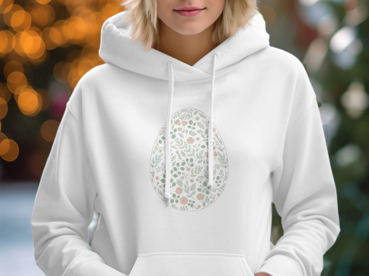 Floral Egg Design White Hoodie Perfect for Spring