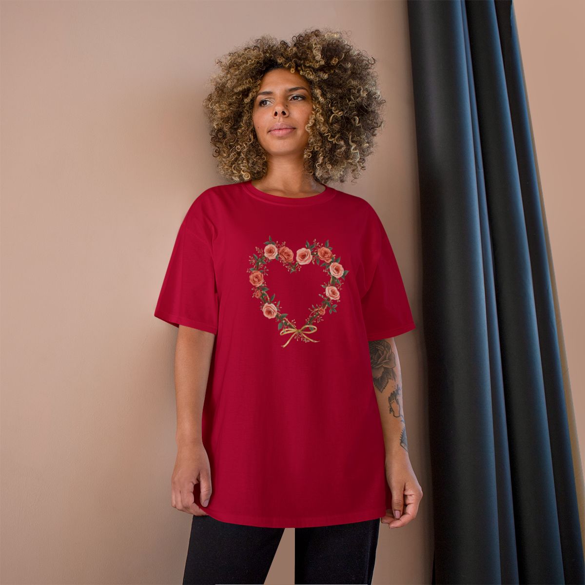 Rose and Heart Wreath design on a Champion Tee