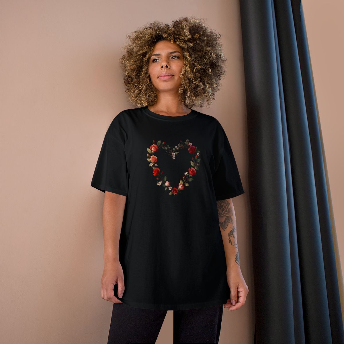 Rose and Heart Wreath design on a Champion Tee