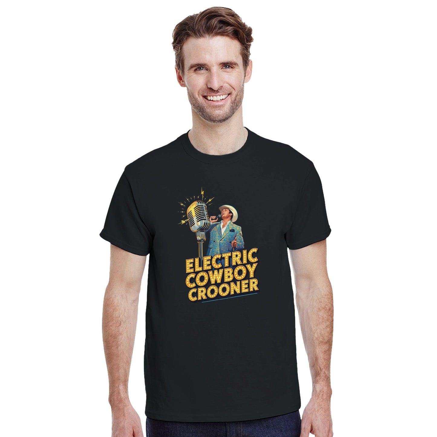 Person wearing a blue t-shirt with 'Electric Cowboy Crooner' design in a mall setting