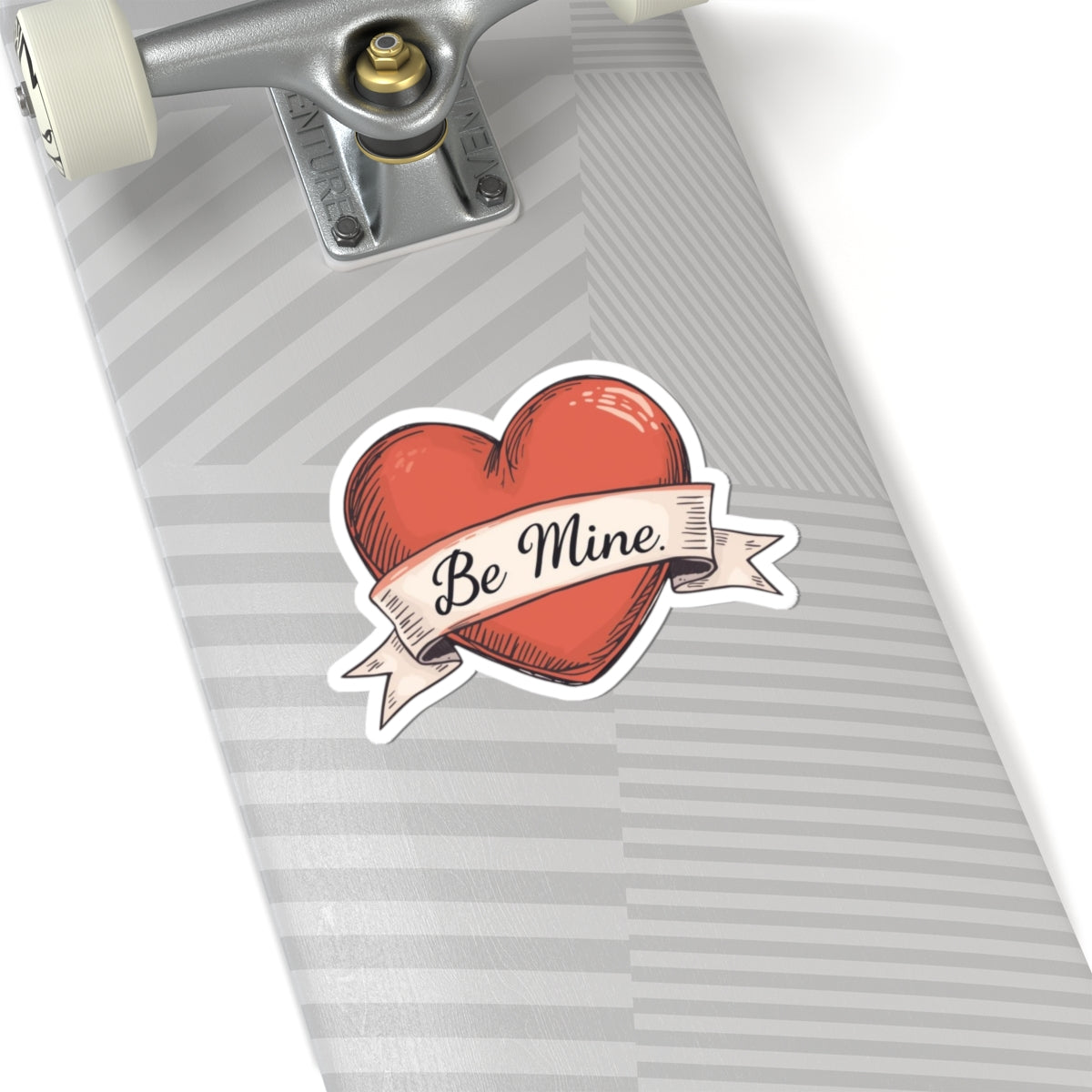 Be Mine Heart Sticker on Striped Skateboard Deck
