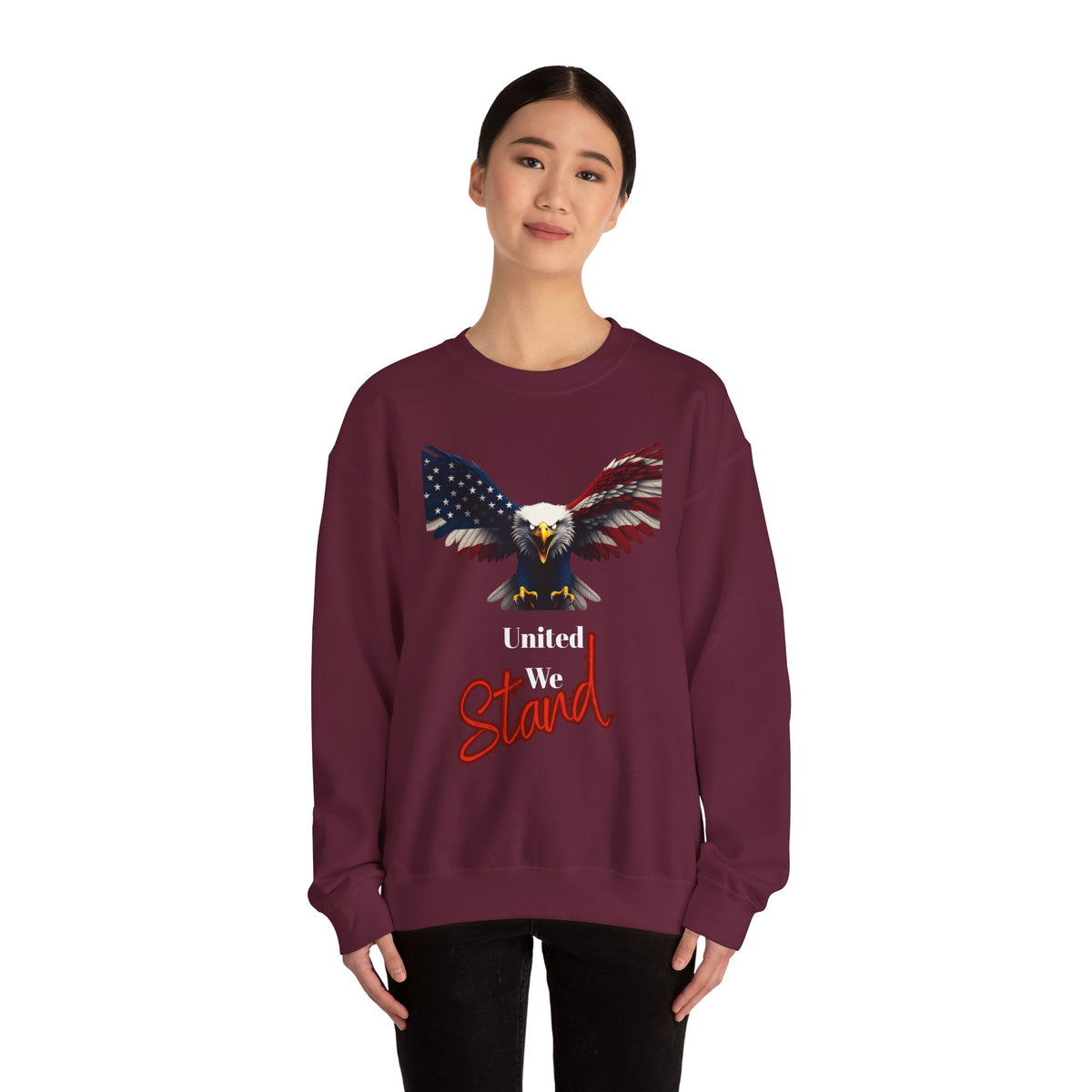 United We Stand Patriotic Eagle text on a Crewneck Sweatshirt