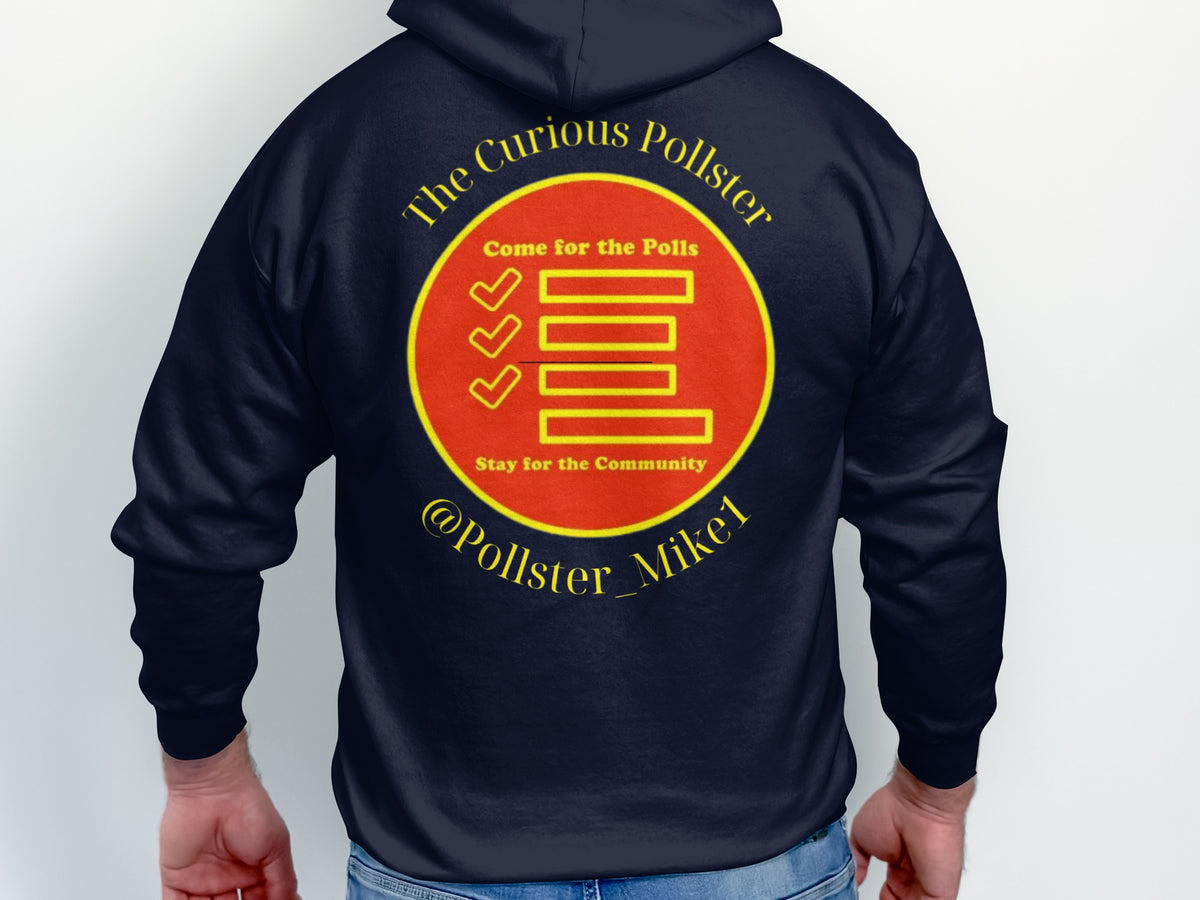 Navy hoodie with yellow circle logo featuring "The Curious Pollster" and checkmarks.