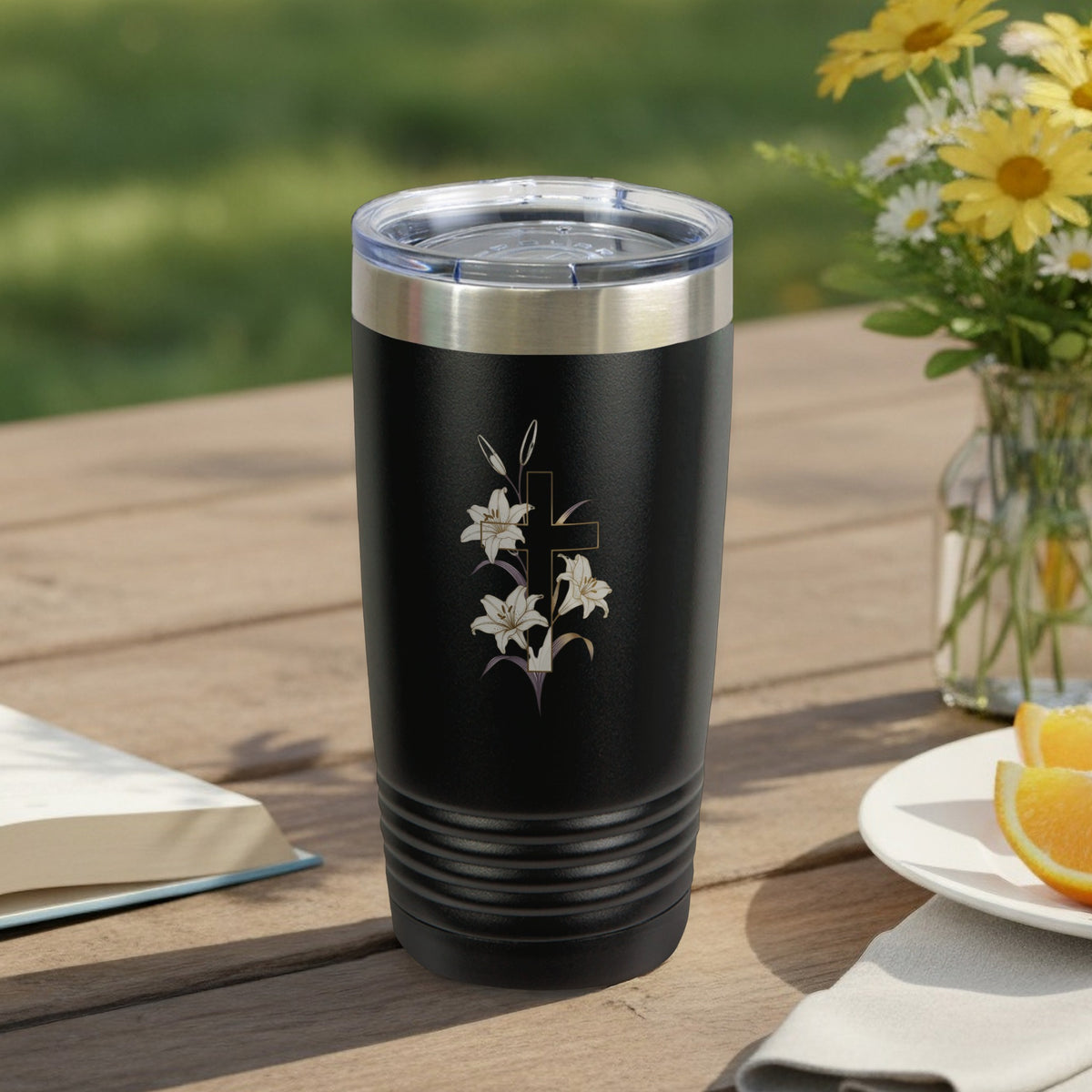 Black Tumbler Lily Cross Design Christian Floral product type
