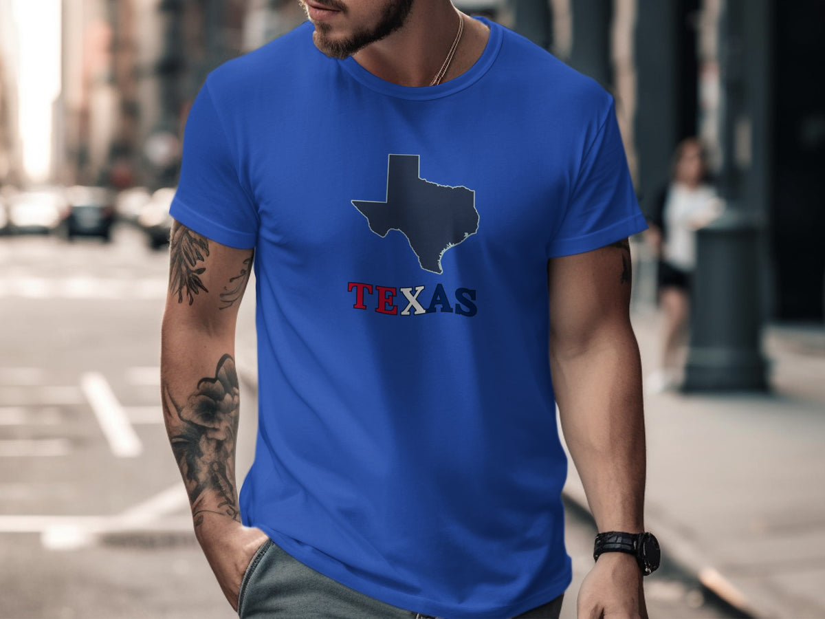 Blue t-shirt with Texas map outline and word "TEXAS".