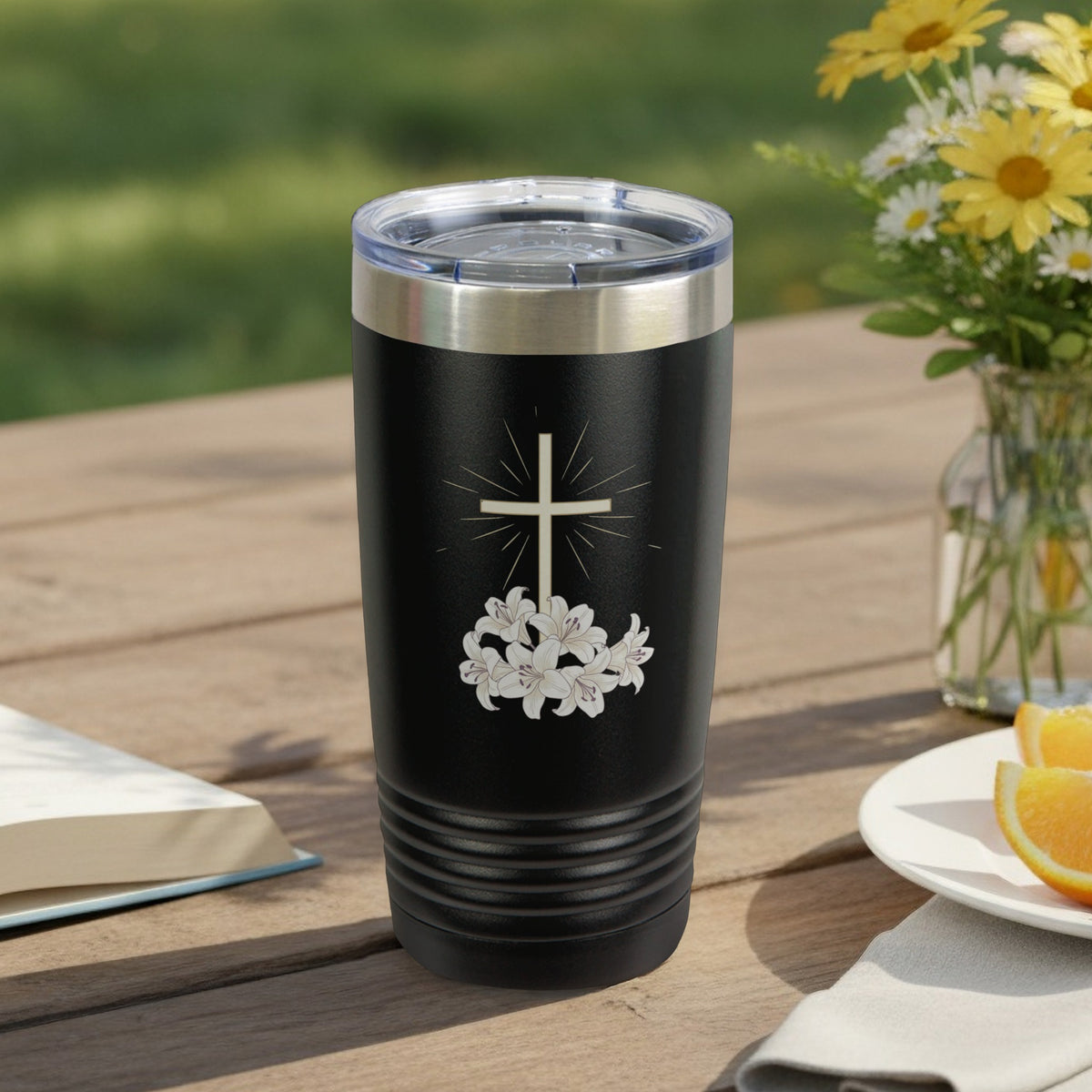 Black Tumbler Religious Cross Lilies Faith Design product type