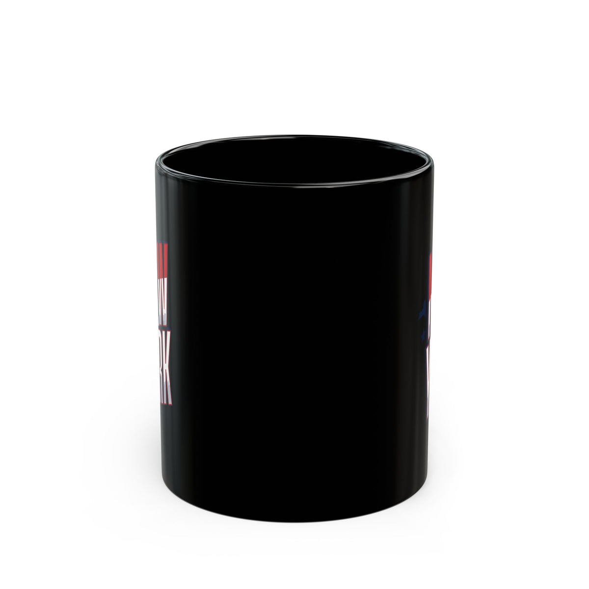 Black mug with "NEW YORK" text in red and blue.