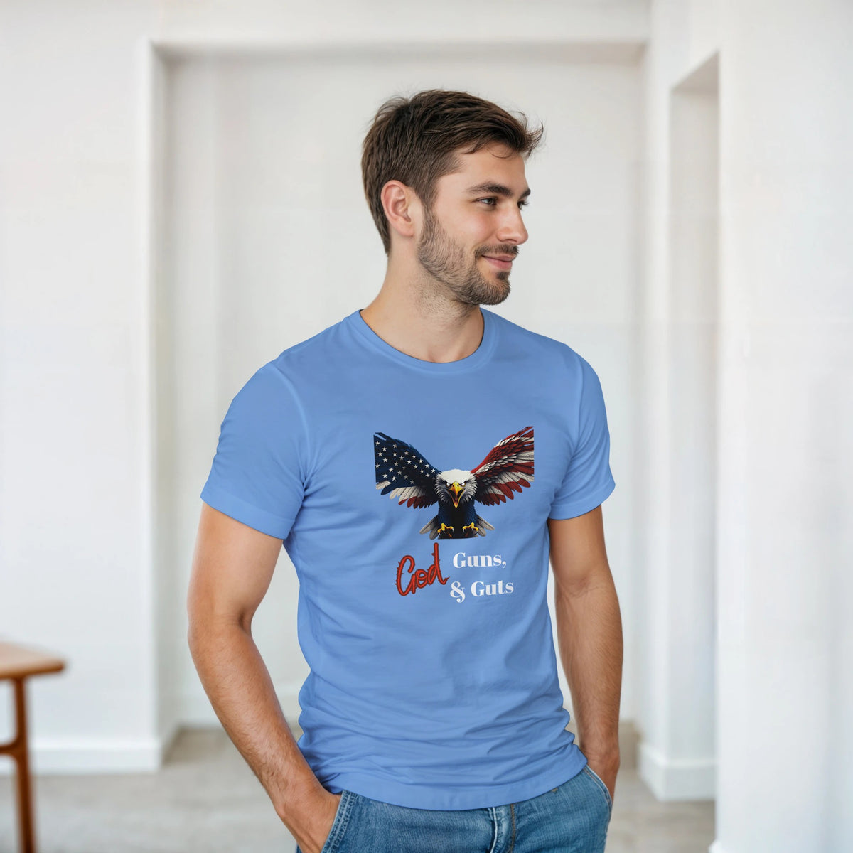 God, Guns, & Guts Patriotic Eagle on a Heavyweight T-shirt