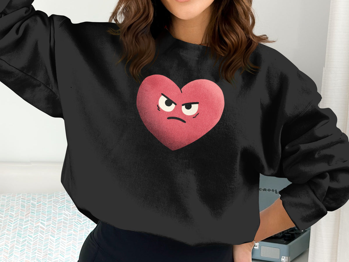 Grumpy Red Heart Face Printed Black Sweatshirt