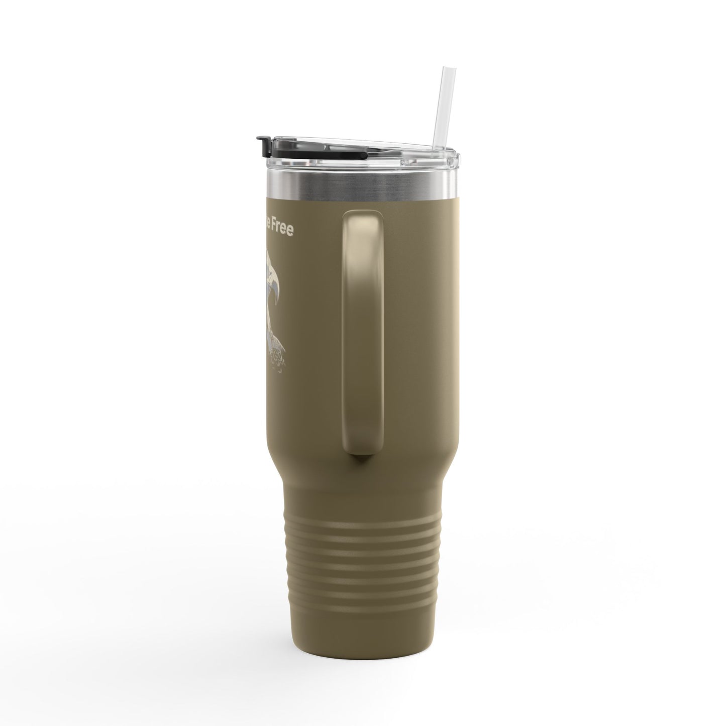 Land of the Free text on the top of a 40oz Insulated Travel Mug