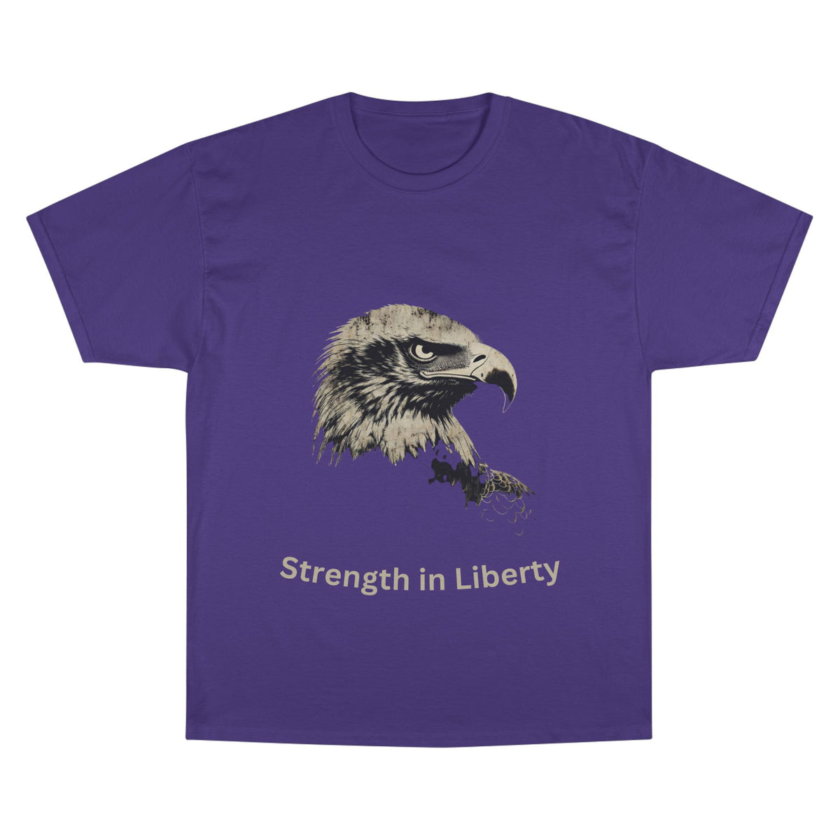 Strength in Liberty text below an eagle head on a Champion Tee