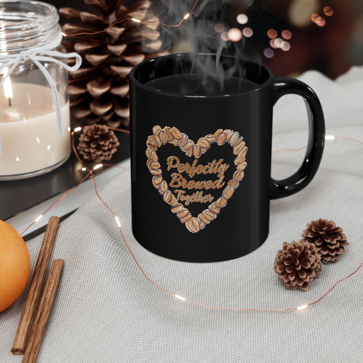 Perfectly Brewed Together phrase on an 11/15oz Black Mug