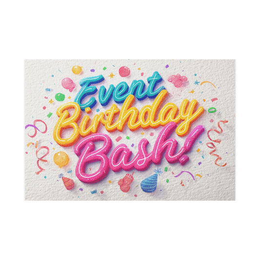 Colorful 'Event Birthday Bash!' sign on a grassy lawn with trees in the background