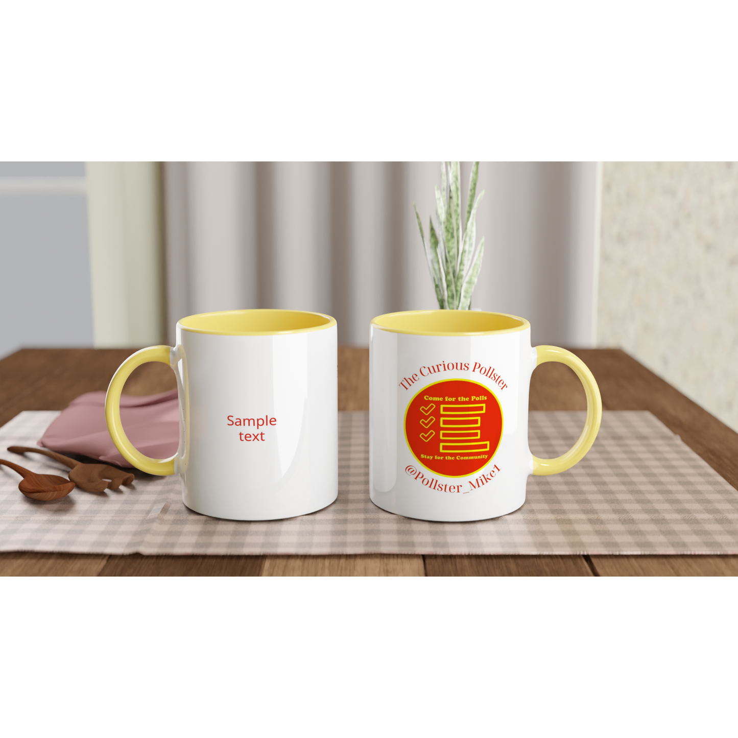 Curious Pollster logo on an 11oz ceramic mug