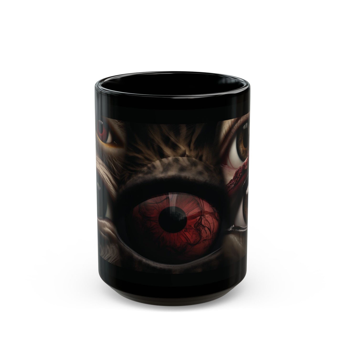Black mug with a dragon eye design on a white background