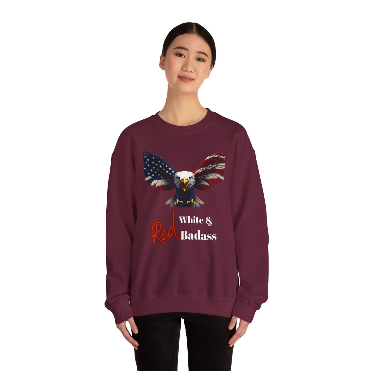 Red White & Badass Patriotic Eagle text on a Crewneck Sweatshirt