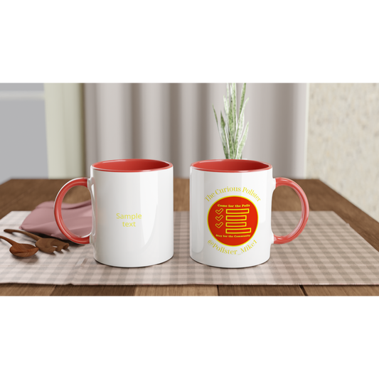 Curious Pollster logo on an 11oz ceramic mug
