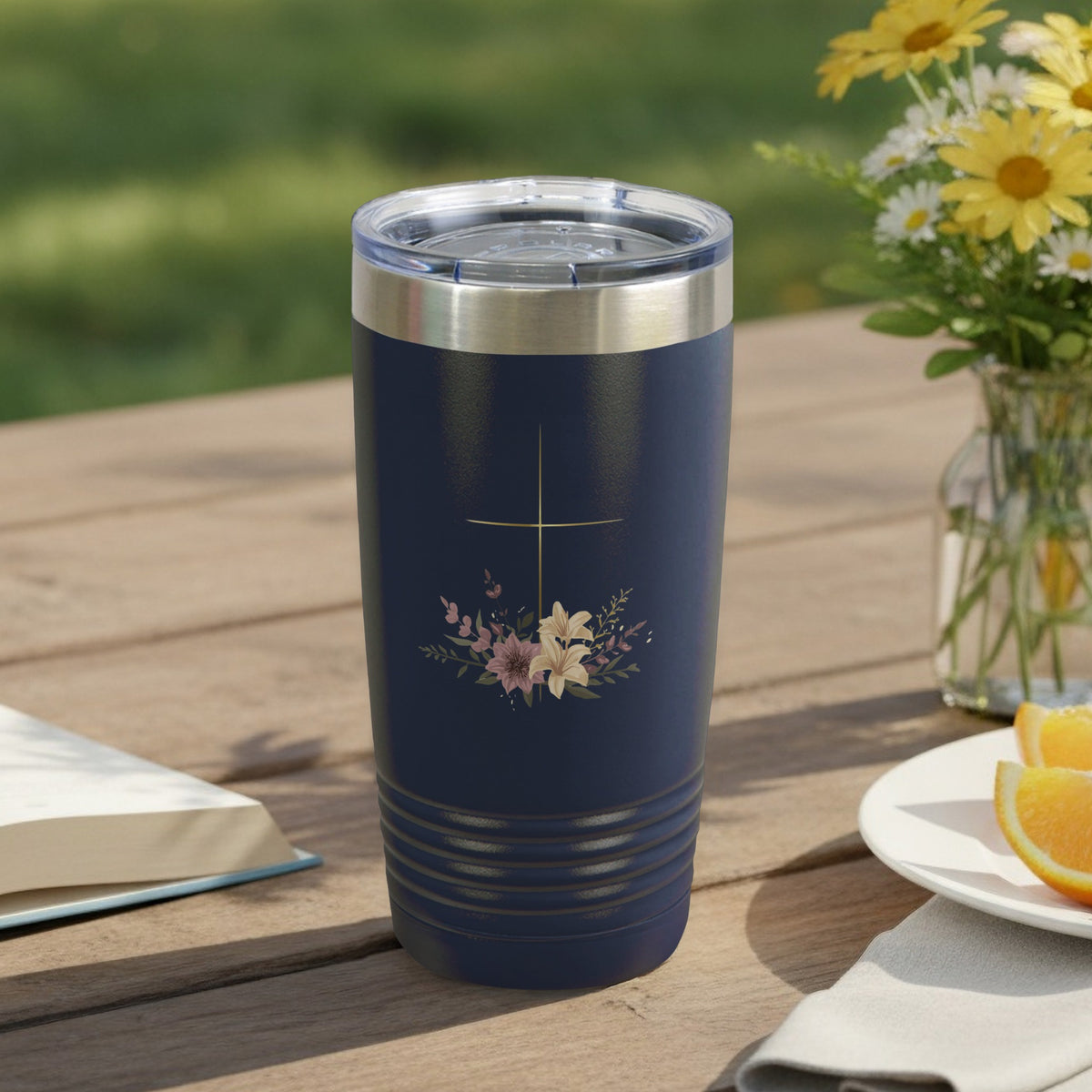 Navy Cross Design Flowers Religious Tumbler product type