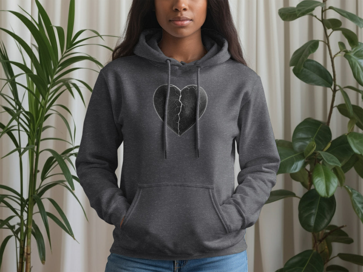 Distressed Heart Print Dark Grey Hooded Sweatshirt