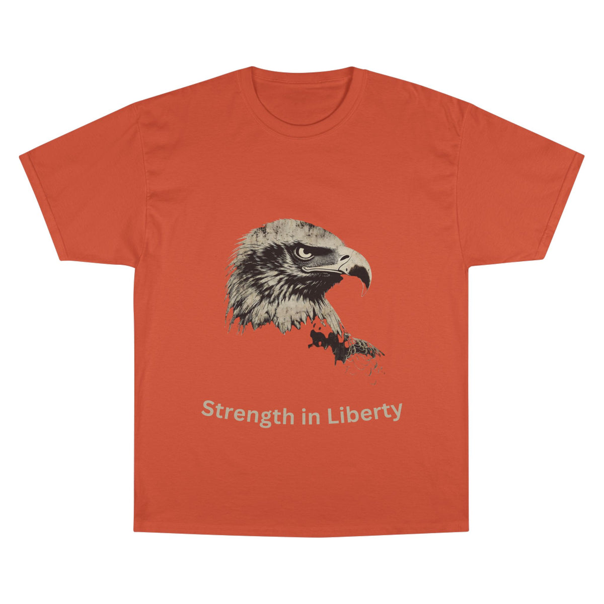 Strength in Liberty text below an eagle head on a Champion Tee