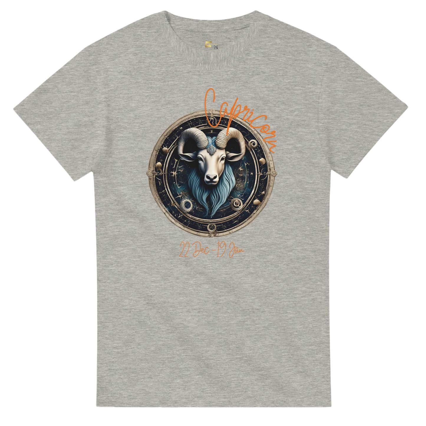 Gray t-shirt with Capricorn zodiac design on a white background