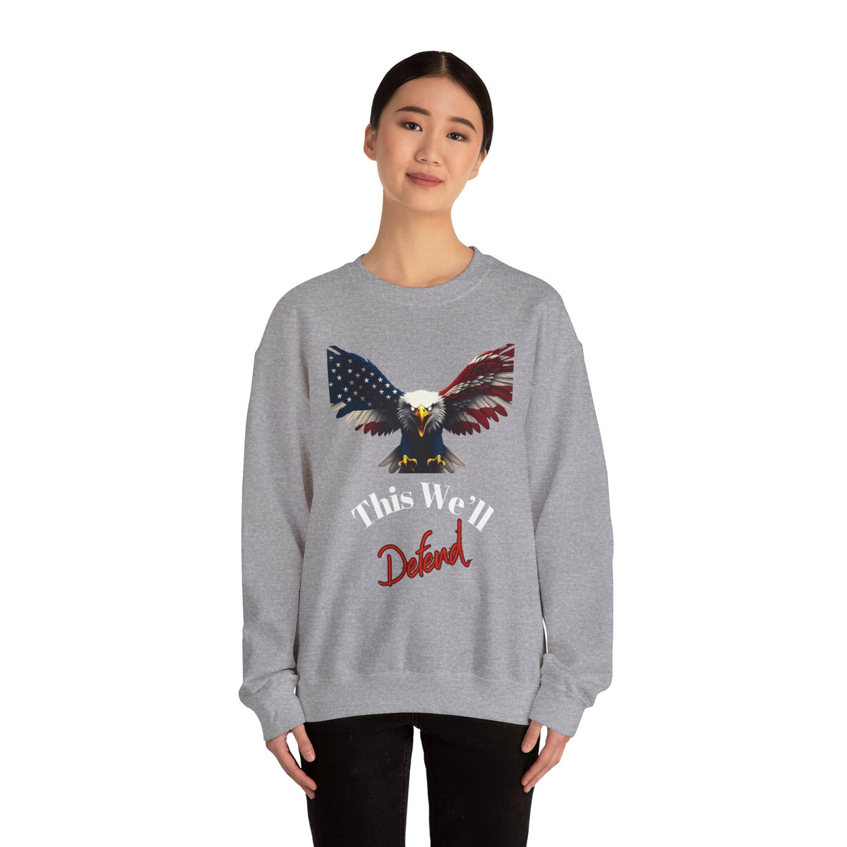 This We'll Defend Patriotic Eagle text on a Crewneck Sweatshirt