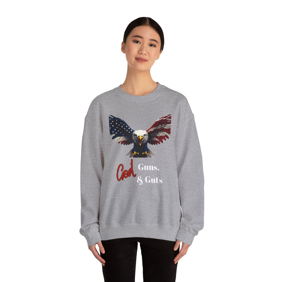 God Guns & Guts Patriotic Eagle text on a Crewneck Sweatshirt