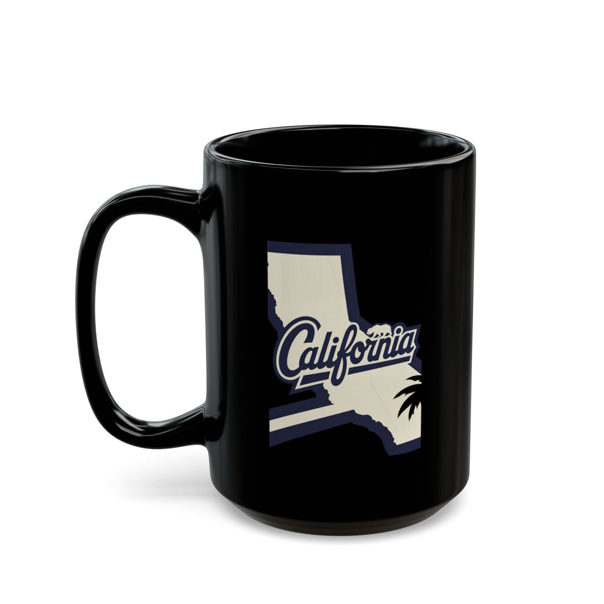 Black mug with "California" text and palm tree silhouette over state outline.