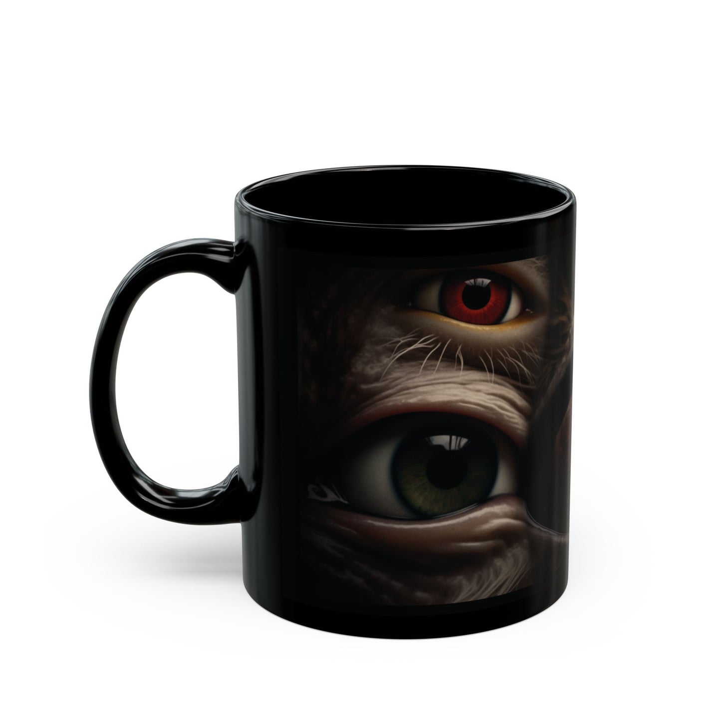 Black mug with a design of a creature's eye on a white background