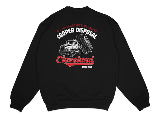 Black sweatshirt with Cooper Disposal truck graphic and text.