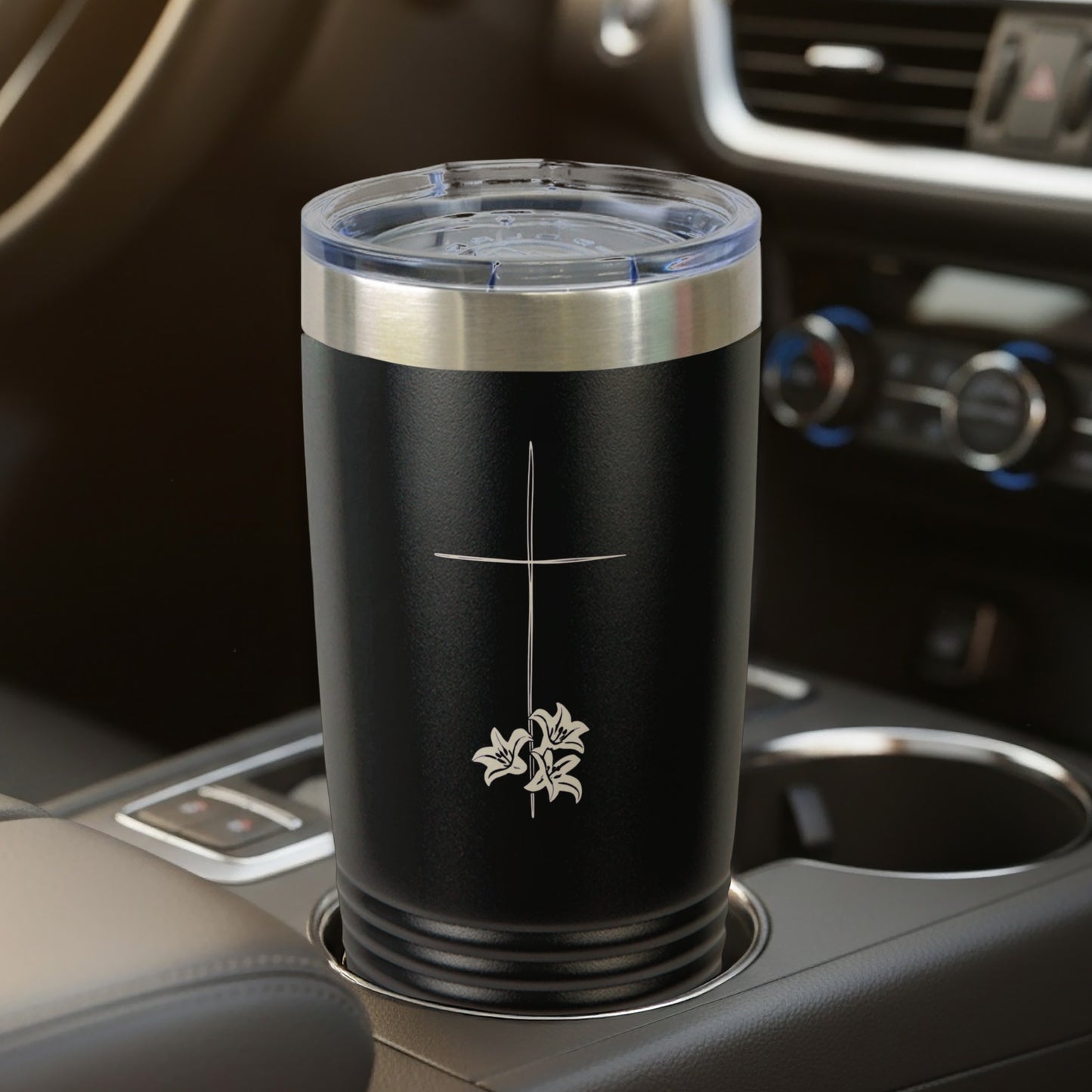 Black Religious Cross Lily Engraved Travel Tumbler product type