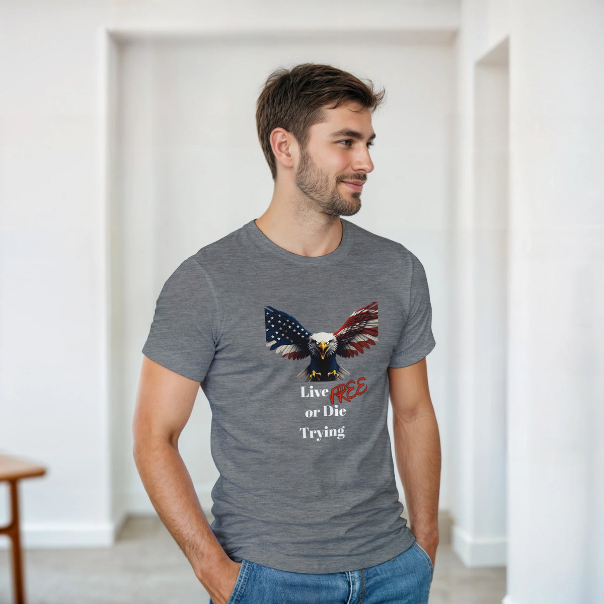 Live Free Or Die Trying Patriotic Eagle on a Heavyweight T-shirt