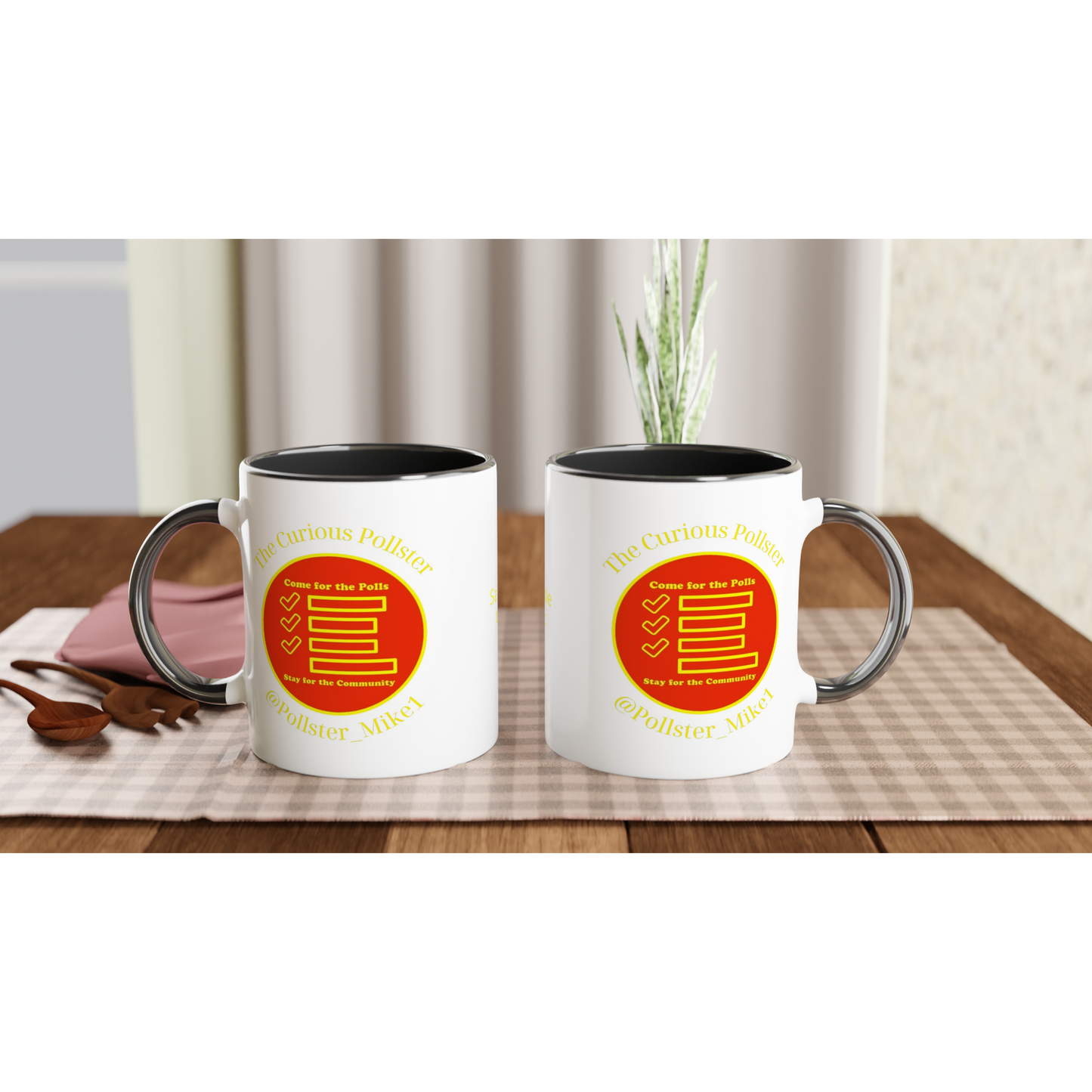 Curious Pollster logo on an 11oz ceramic mug