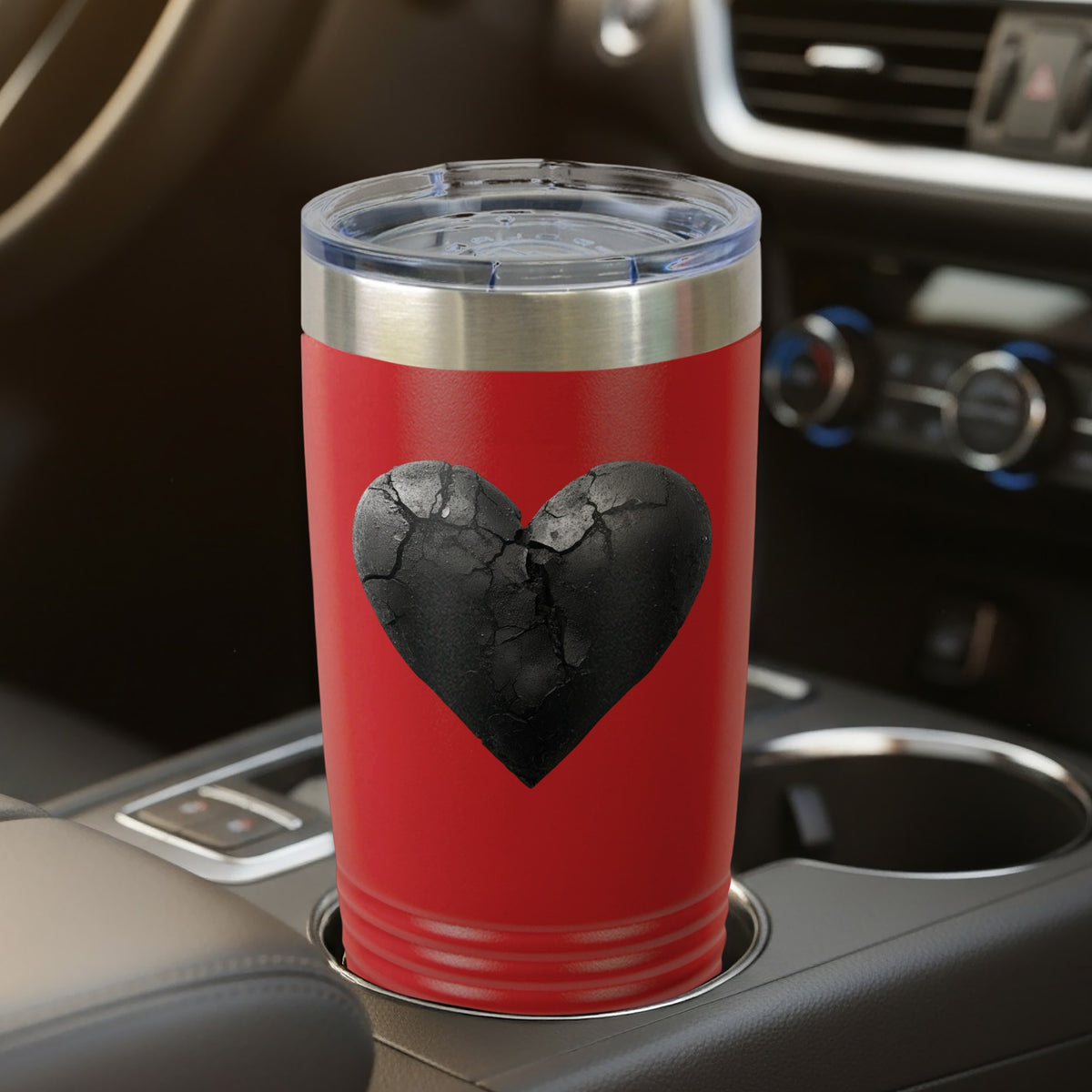 Red Tumbler with Black Cracked Heart Design for Hot or Cold Drinks
