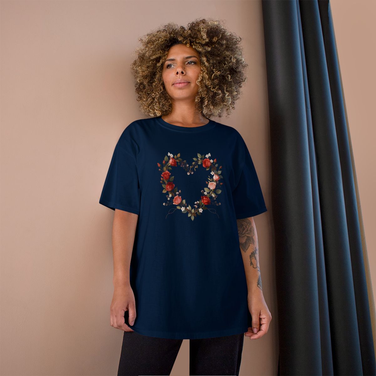 Rose and Heart Wreath design on a Champion Tee