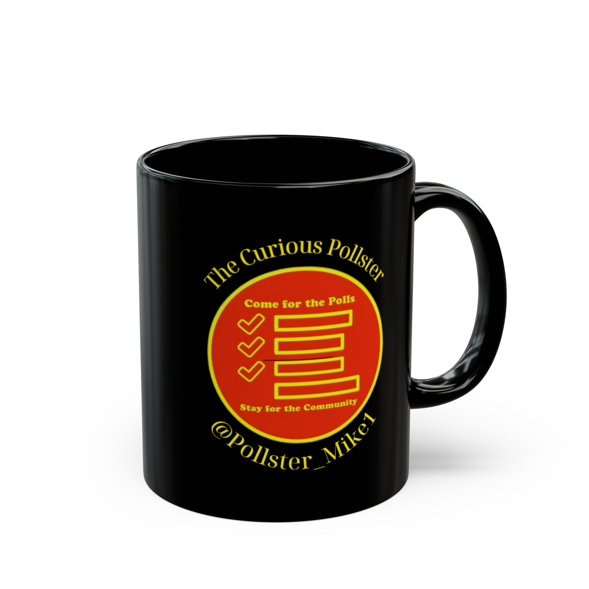 Black mug with yellow text and red circular logo: "The Curious Pollster"