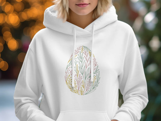 Artistic Leaf Pattern White Hoodie Stylish Apparel