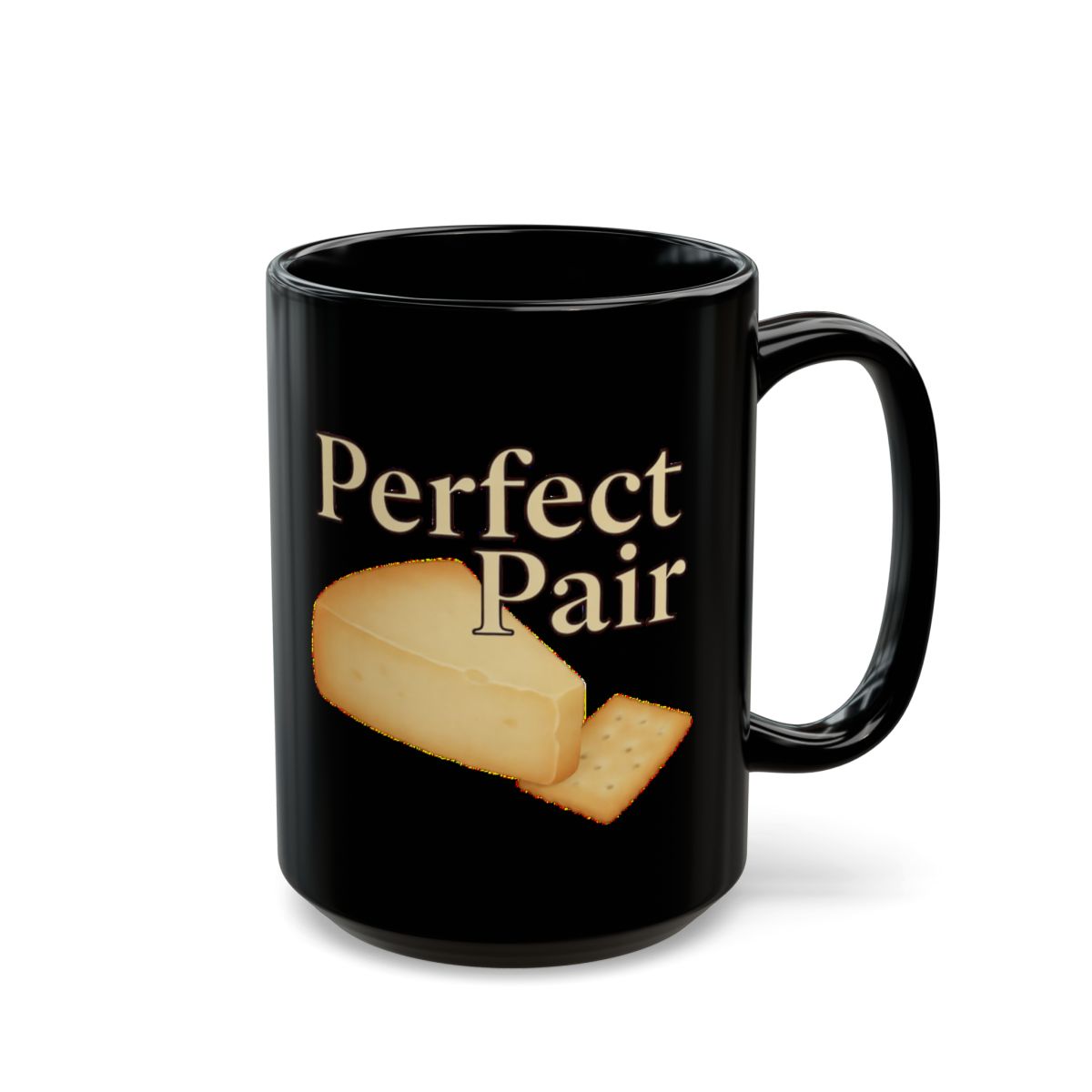 Cheese and Crackers image with Perfect Pair text phrase on an 11/15oz Black Mug