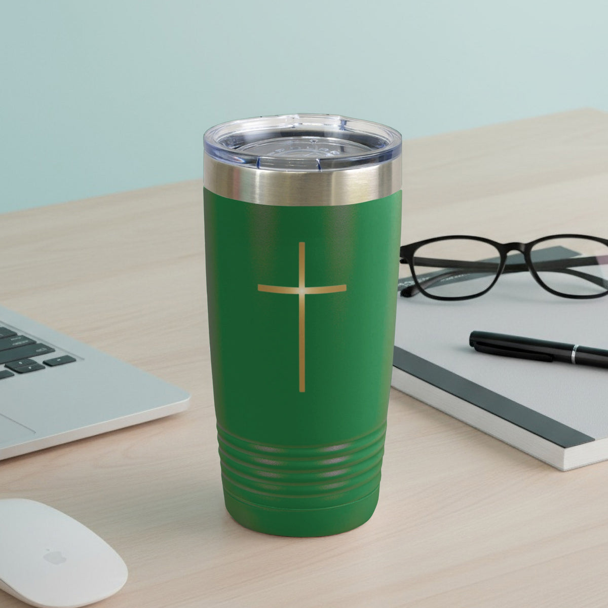Green Gold Cross Graphic Beverage Container Tumbler product type