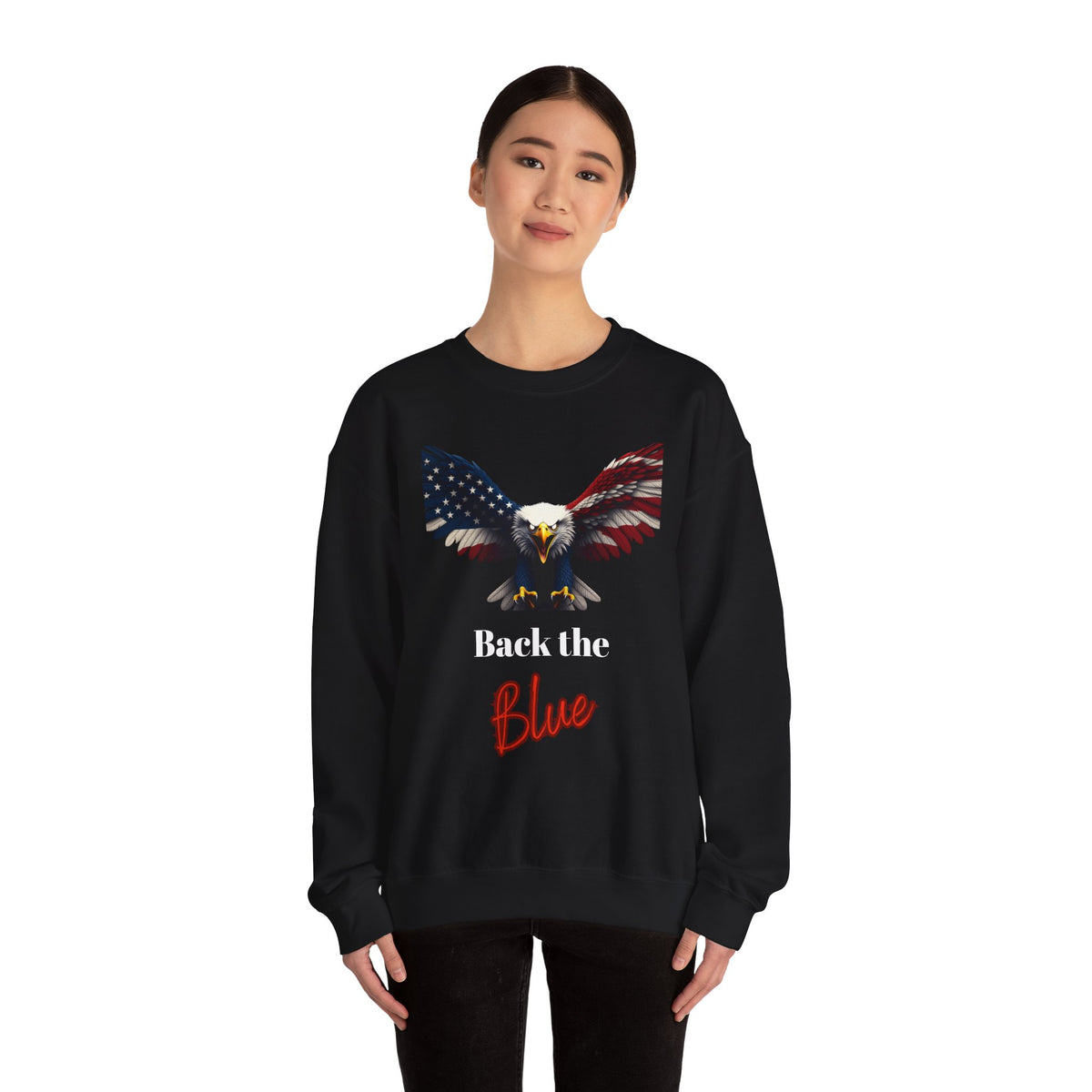 Back The Blue Patriotic Eagle text on a Crewneck Sweatshirt