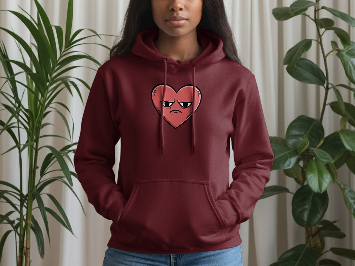 Unisex Maroon Hoodie with Grumpy Heart Emoji Design