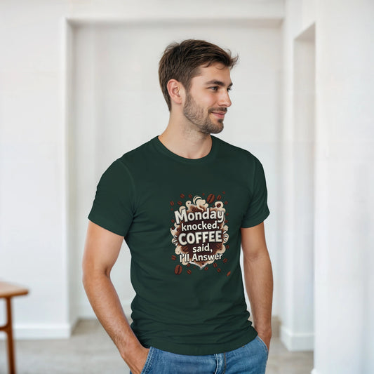 Monday Knocked, Coffee Answered on a Heavyweight Coffee Lover T on a Shirt