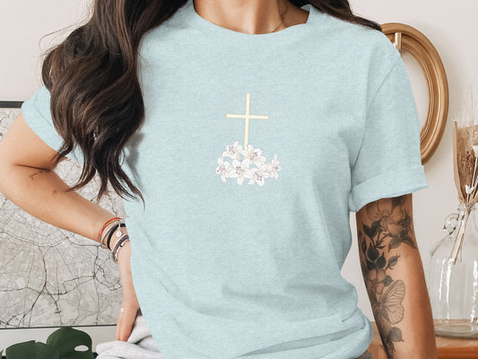 Radiant golden cross white lilies floral Christian product type
Christian apparel
Religious clothing
Easter shirt
Cross design
Lily flowers
Floral cross
Spiritual tee
Faith based
Light blue top
Pastel shirt
Golden cross
White lilies
Divine fashion
Worship wear
Hopeful tee
Serene design
Religious gift
Christian fashion
Spring apparel
Elegant design